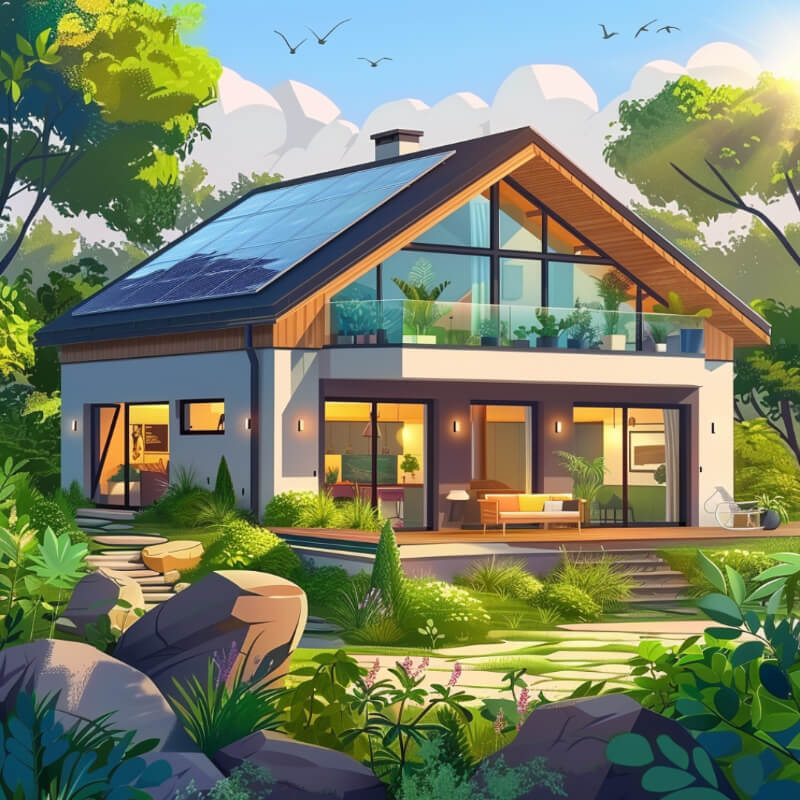 ilustrace domu s fotovoltaickou elektrárnou
