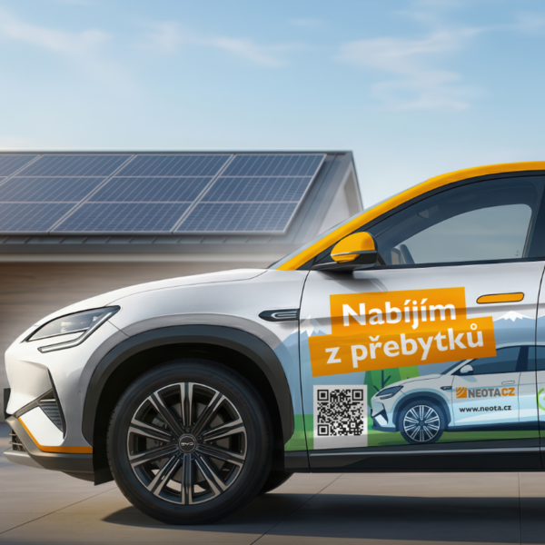 Electric SUV with orange accents parked beside solar panels, promoting charging from energy surpluses; includes QR code and logo on the door.